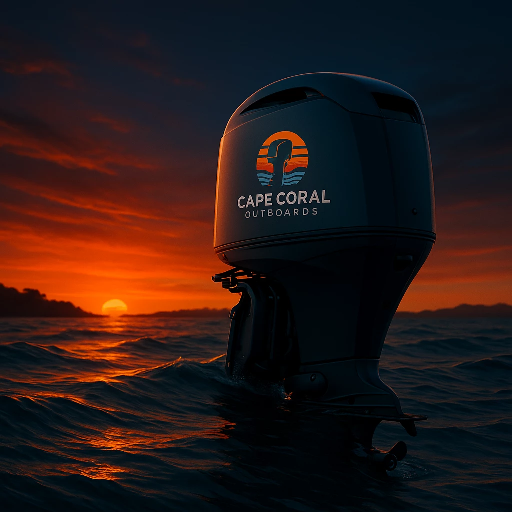 Cape Coral Outboards motor at sunset in the ocean with logo