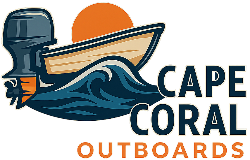 Cape Coral Outboards company logo in navy blue with marine engine theme