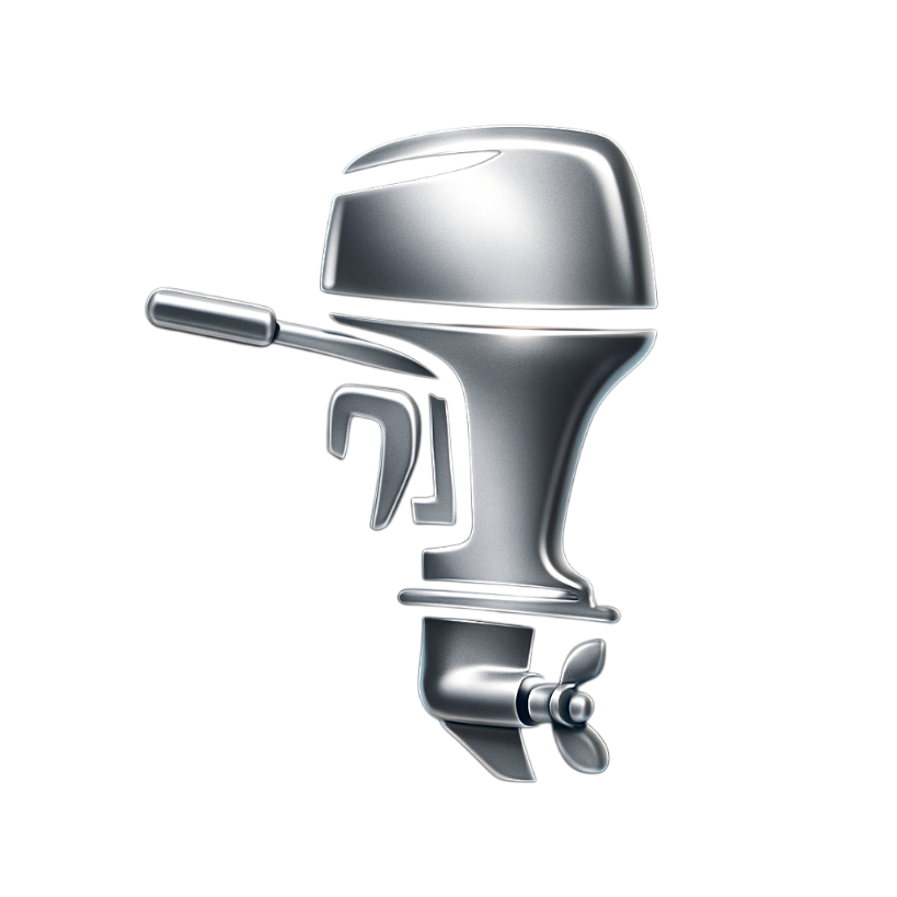 Metallic outboard motor icon on dark blue background